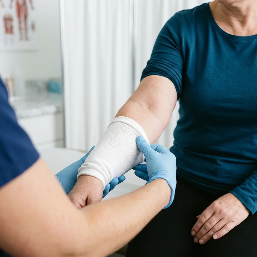 Professional medical application of lymphedema compression tubular stockinette on a patient's arm