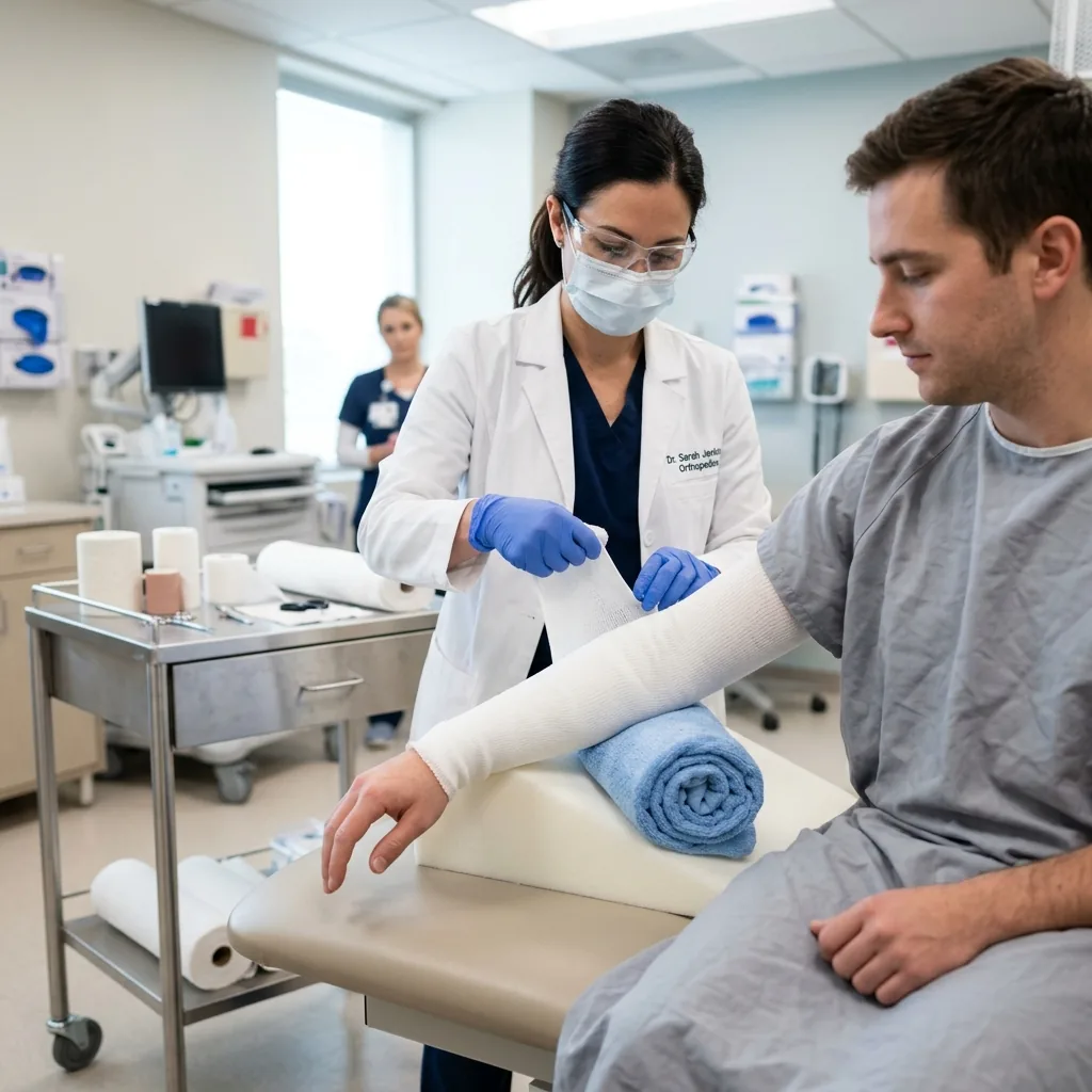 Professional healthcare scene: Applying tubular stockinette for orthopedic casting