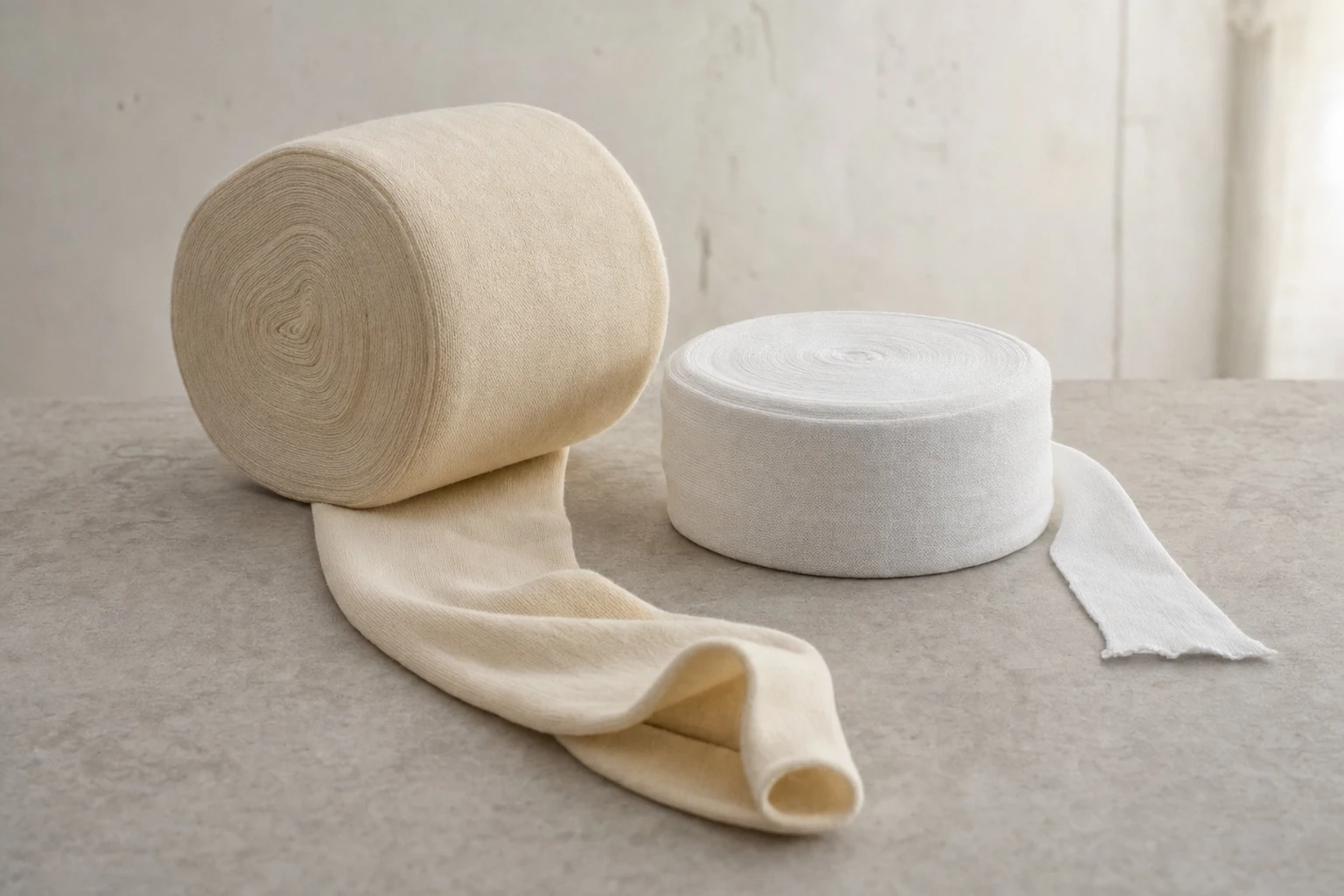 Natural and white cotton stockinette rolls with open tubular ends