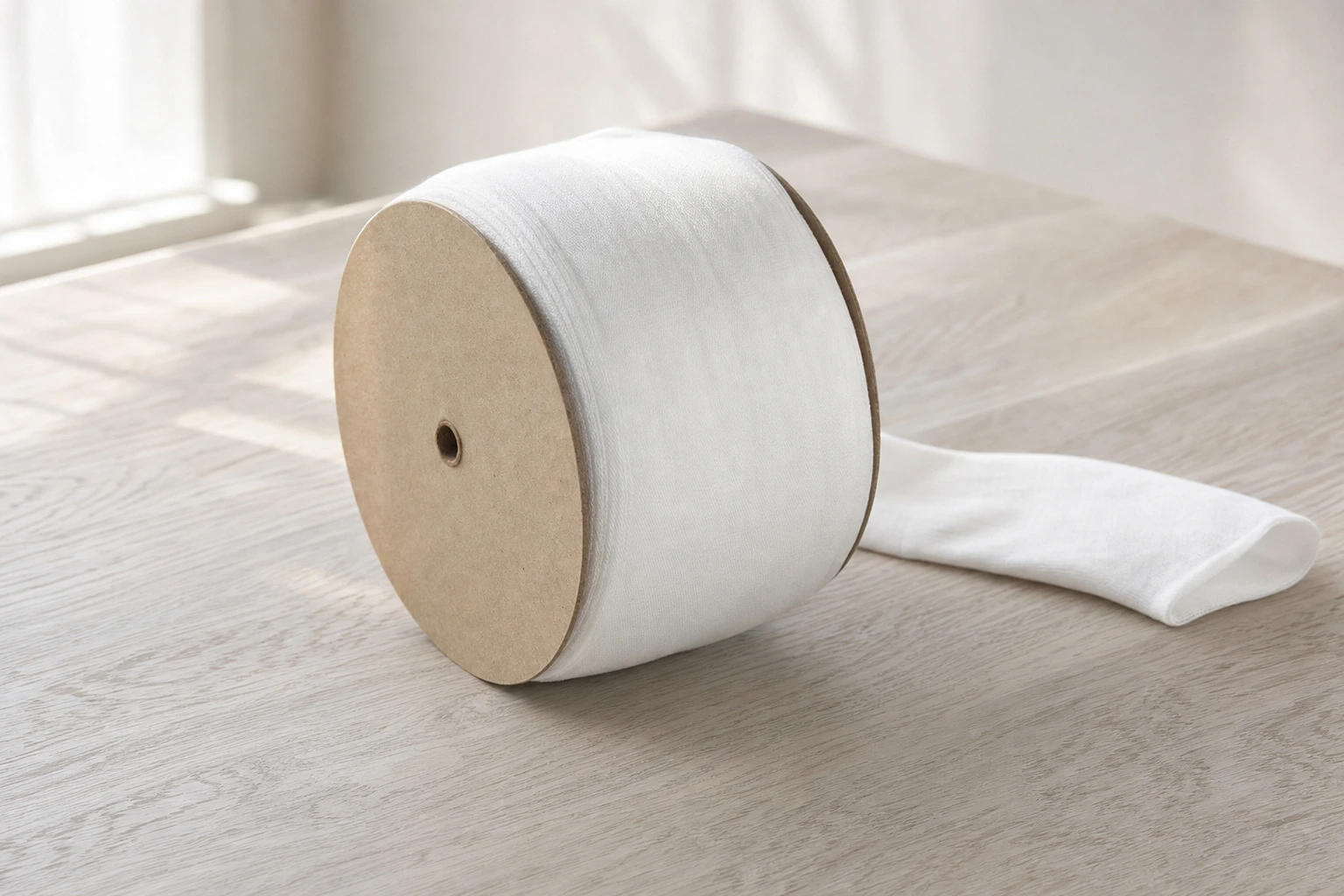 White Perlon stockinette wound on a cardboard spool