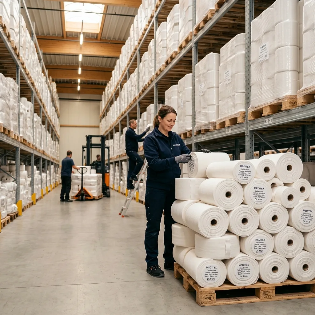Factory warehouse with stacked stockinette cartons and production storage